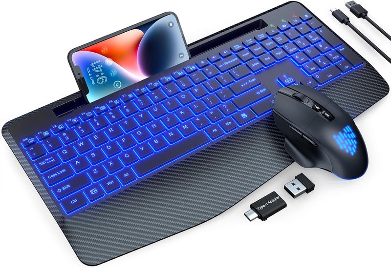 SABLUTE Wireless Keyboard and Mouse Backlits, Wrist Rest, LED Mouse, Rechargeable Ergonomic Keyboard with Phone Holder, Silent Light Up Combo for Computer, Mac, PC, Laptop, Chromebook (Black) - Image 1